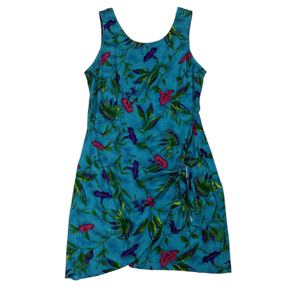 Vtg Just in Tyme Floral Tropical Hawaiian Faux Wrap Dress Blue Vacation Size 16 - Picture 1 of 7